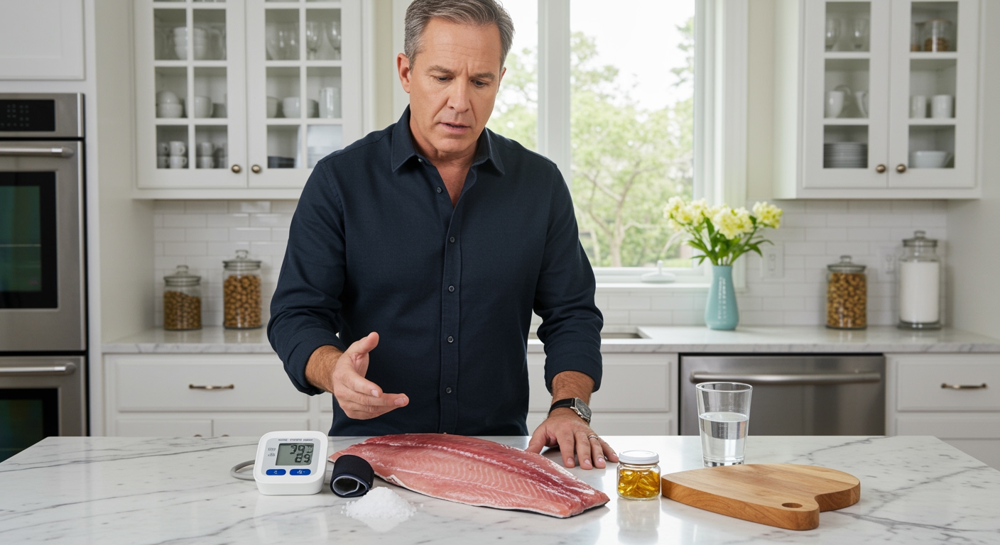 Middle-aged man pointing at blood pressure monitor next to wahoo fish fillet on white marble countertop in modern kitchen