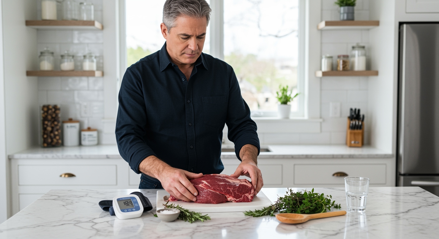 Middle-aged man examining raw wild boar meat on marble countertop with blood pressure monitor and herbs in modern kitchen