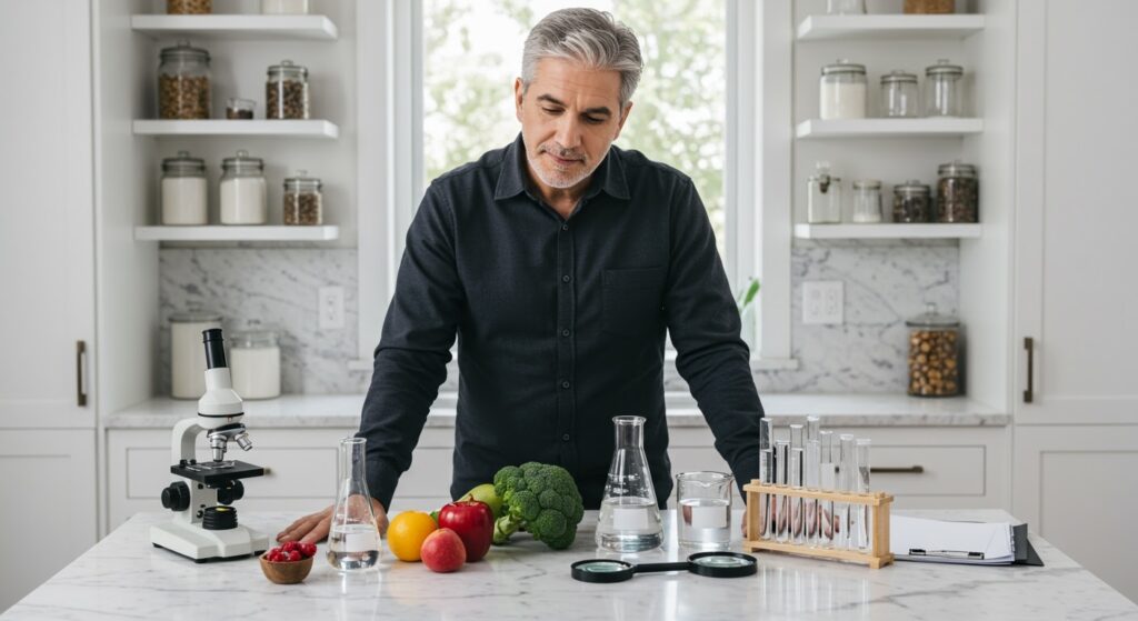 Middle-aged man in gray shirt standing at marble counter with microscope, fresh vegetables, berries, and laboratory equipment in bright kitchen
