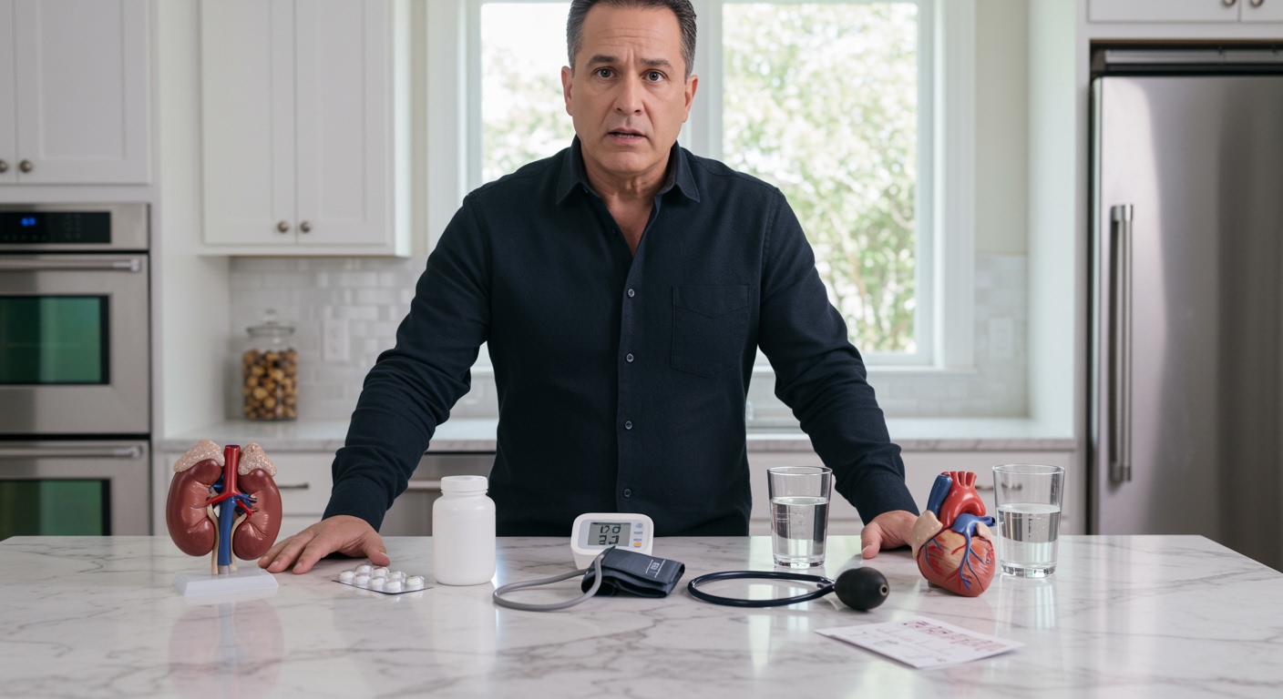 Middle-aged man standing behind marble counter with kidney model, blood pressure monitor, and medical objects in modern kitchen