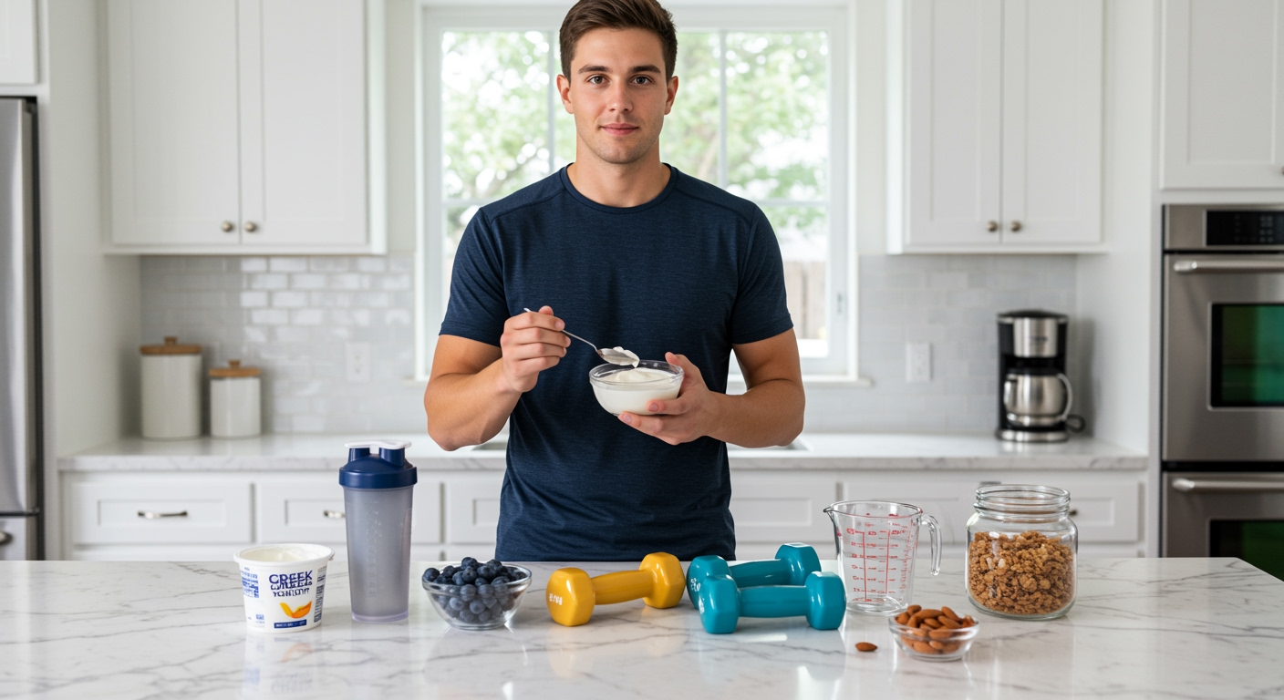 Young man holding Greek yogurt bowl and spoon behind marble counter with workout recovery items in modern kitchen