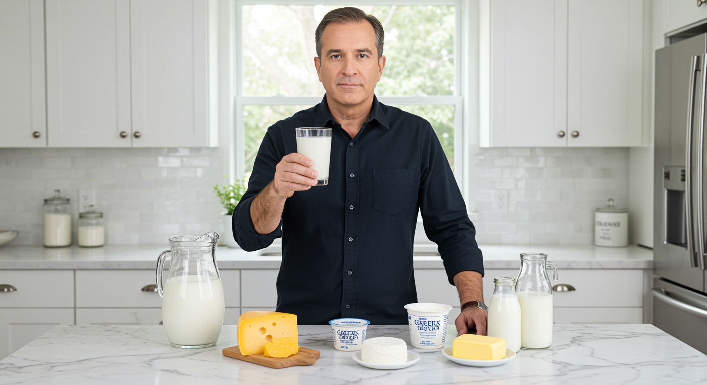 Middle-aged man holding glass of milk standing behind marble counter with various dairy products in modern kitchen