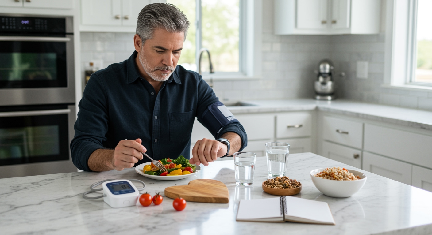 Middle-aged man checking blood pressure monitor while eating at marble kitchen counter with healthy foods and timing devices