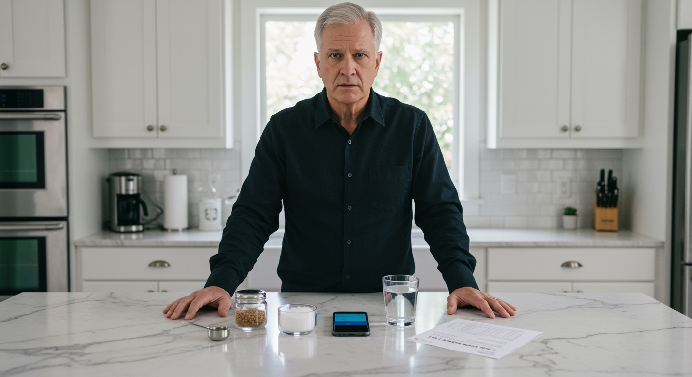 Middle-aged man standing behind kitchen counter with salt containers, smartphone, and medical documents visible