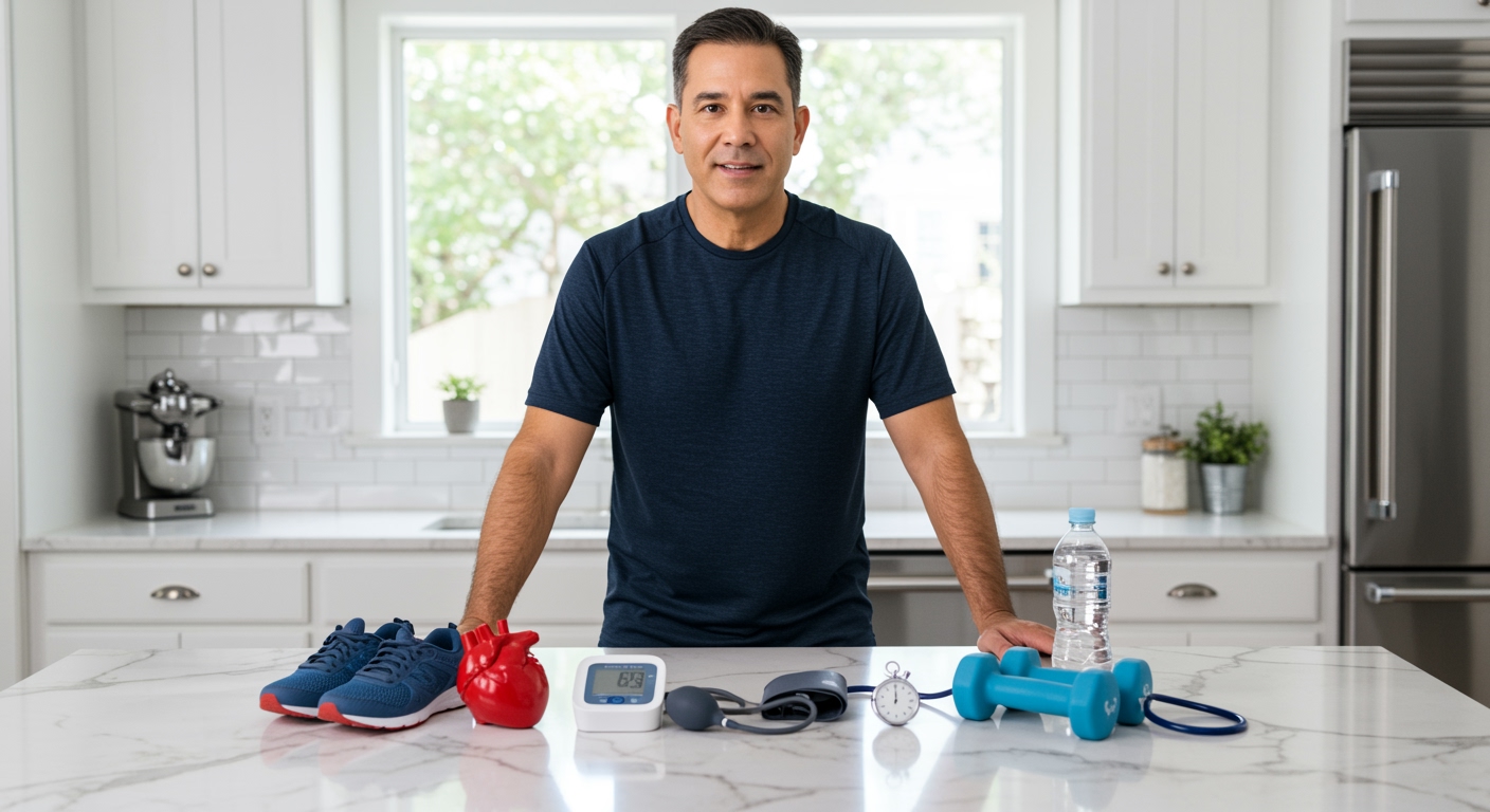 Middle-aged man standing behind marble counter with heart model, blood pressure monitor, running shoes, and fitness equipment