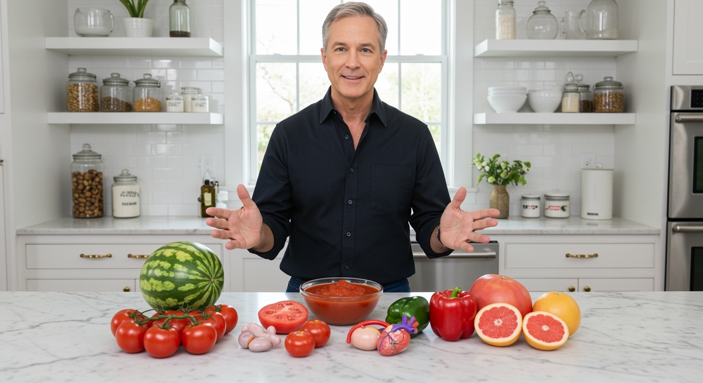 Middle-aged man standing behind marble counter with fresh tomatoes, tomato sauce, watermelon, peppers, and prostate model in bright kitchen.