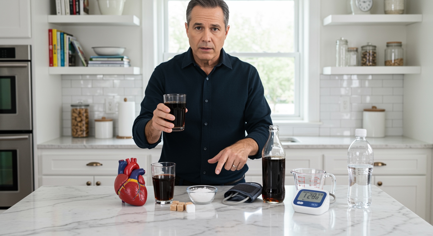 Middle-aged man holding cola glass and pointing to blood pressure monitor with heart model and health items on marble counter
