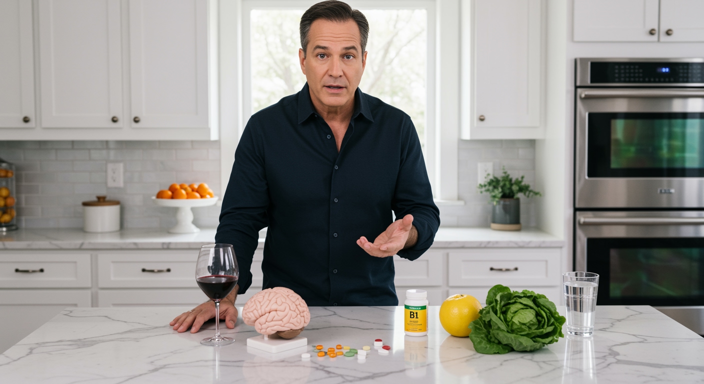 Middle-aged man holding vitamin B1 bottle behind marble counter with wine glass, brain model, and supplements visible