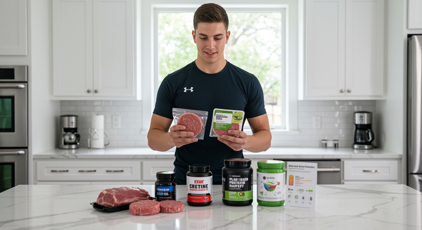 Military cadet in navy clothing examining pork and plant-based meal packages on marble counter with recovery supplements