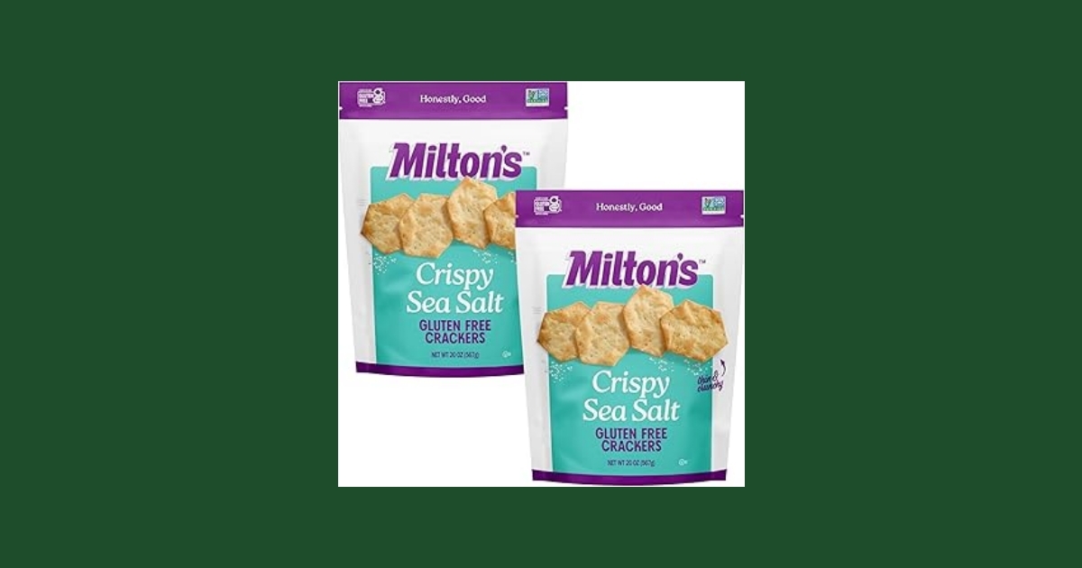 Box of Milton's Crispy Sea Salt gluten-free crackers showing product packaging with brand name and sea salt flavor label