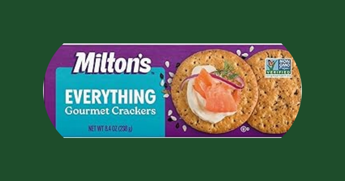 Milton's Craft Bakers Everything Bagel Crackers package showing sesame seeds and seasoning on crispy crackers