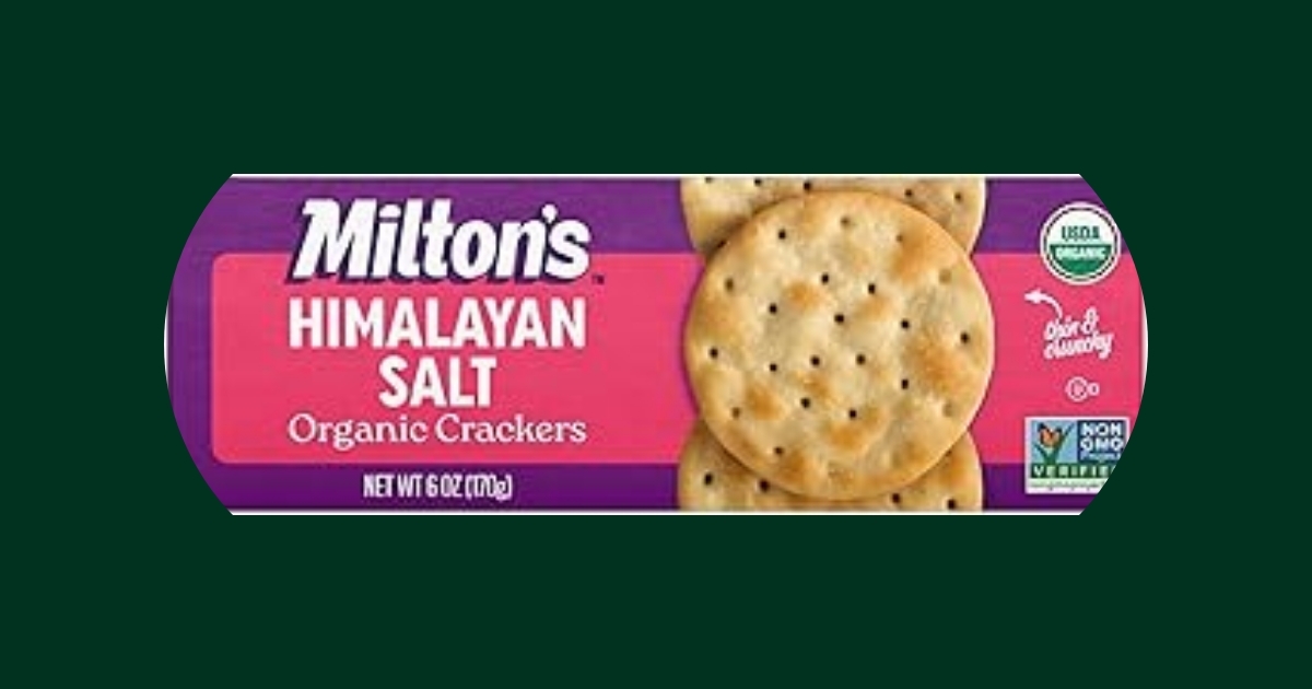 Box of Milton's Craft Bakers Himalayan Salt Crackers showing product packaging with pink salt crystals on wheat crackers