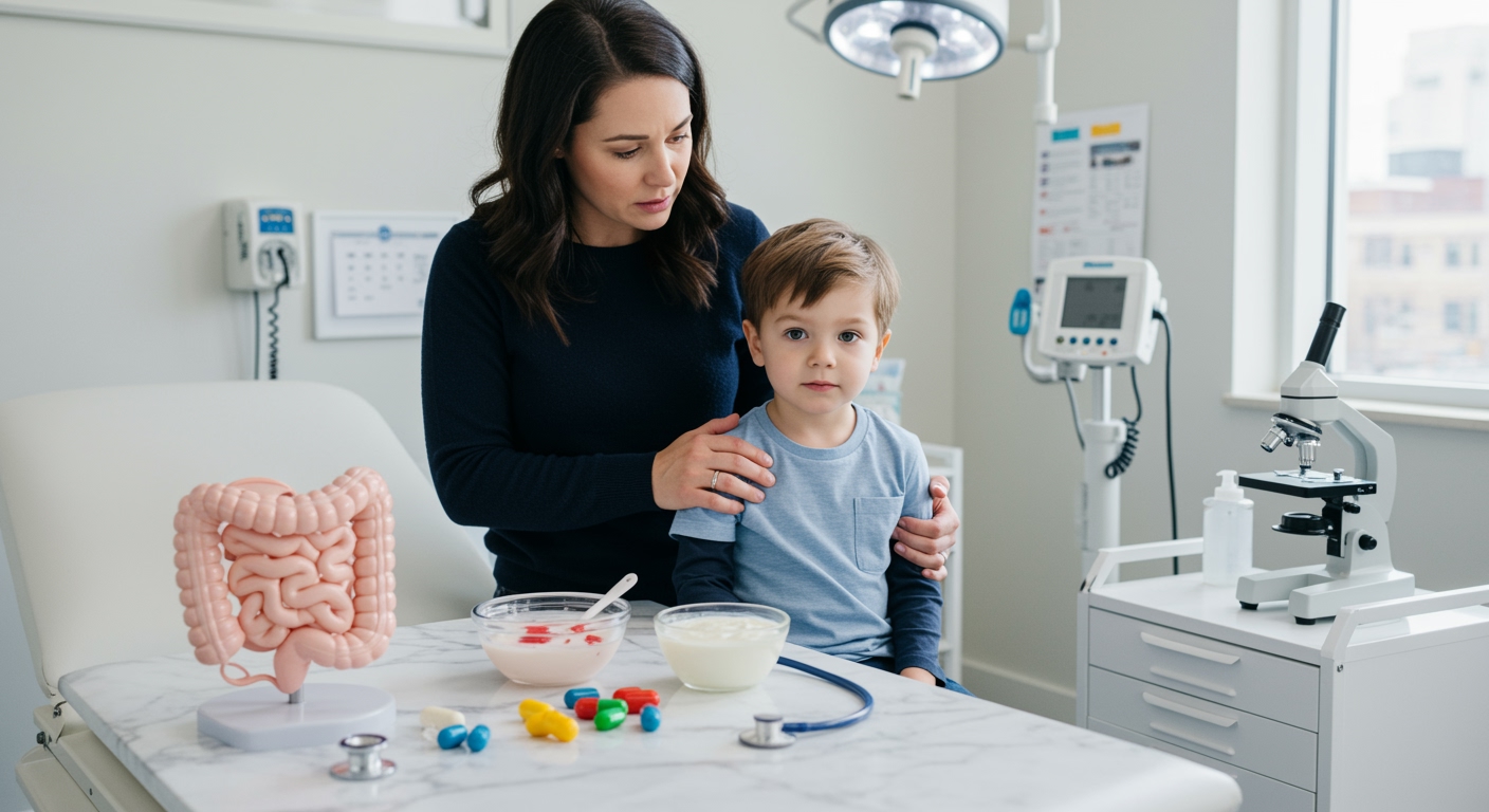 Mother with hands on young son's shoulders in medical exam room with gut health items on white cart nearby