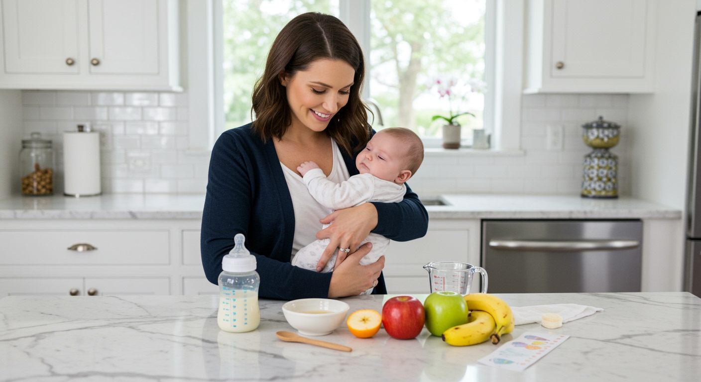 Young mother holding baby in modern kitchen with breast milk bottle and healthy foods on marble countertop