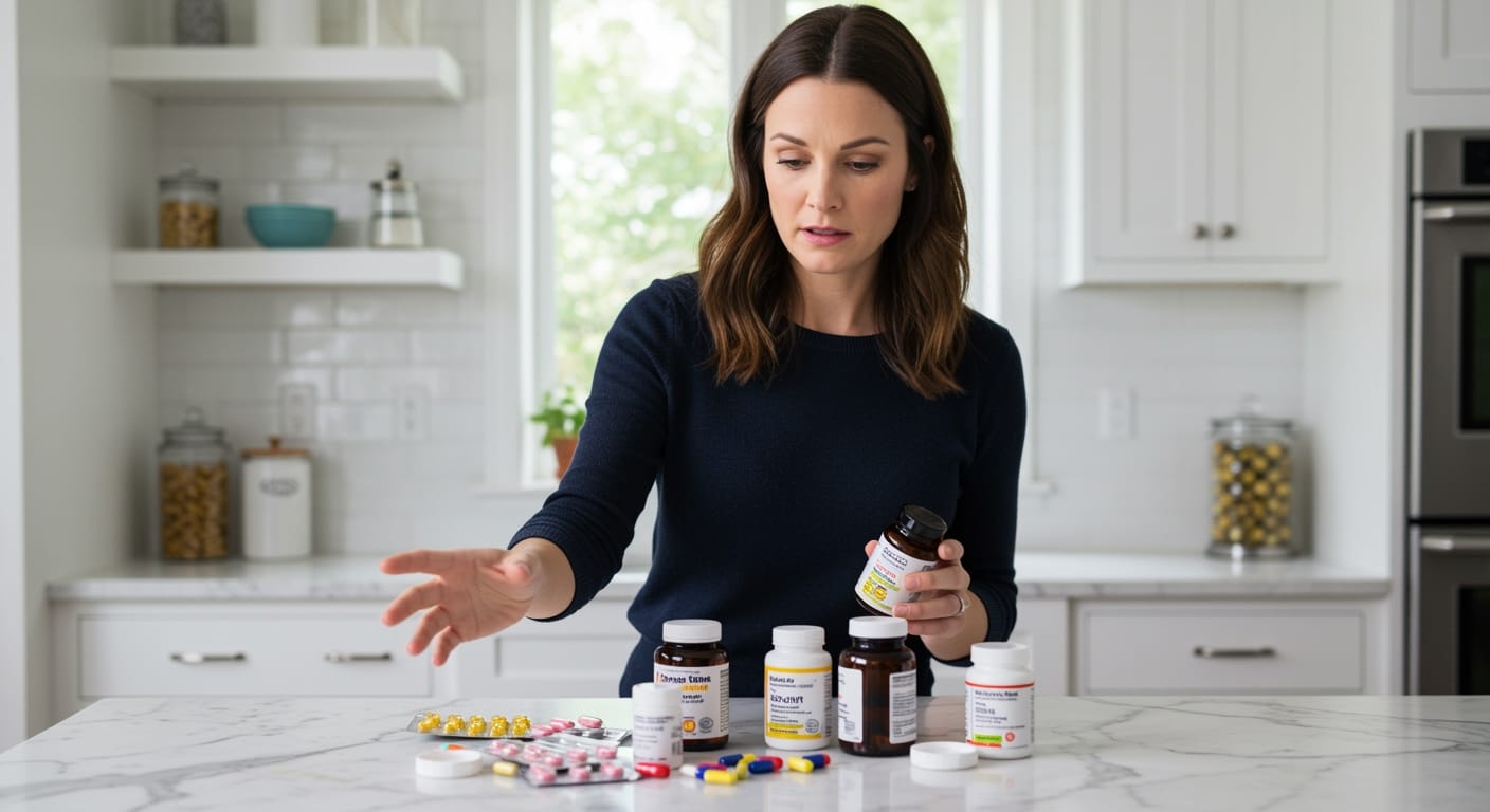 Woman examining supplement bottles and pills on kitchen counter with concerned expression while checking product safety