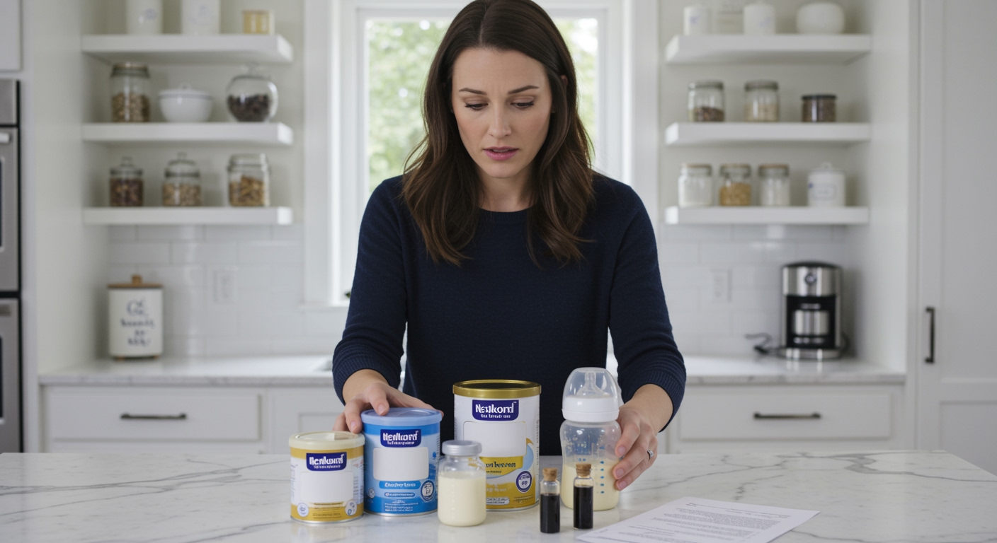 Young mother examining baby formula containers on marble countertop with test results and sample vial in modern kitchen