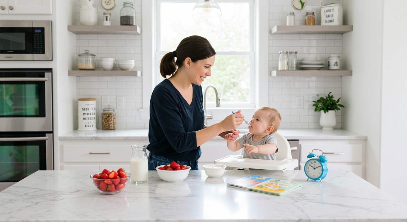 Young mother feeding yogurt to one-year-old child in high chair at marble countertop with healthy foods and clock visible in bright kitchen