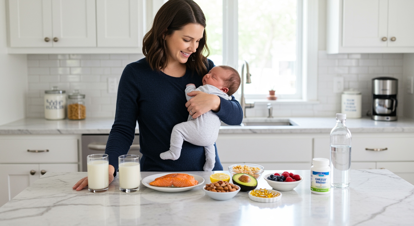 Young mother holding sleeping baby behind marble countertop with nutritious foods including salmon, nuts, and supplements