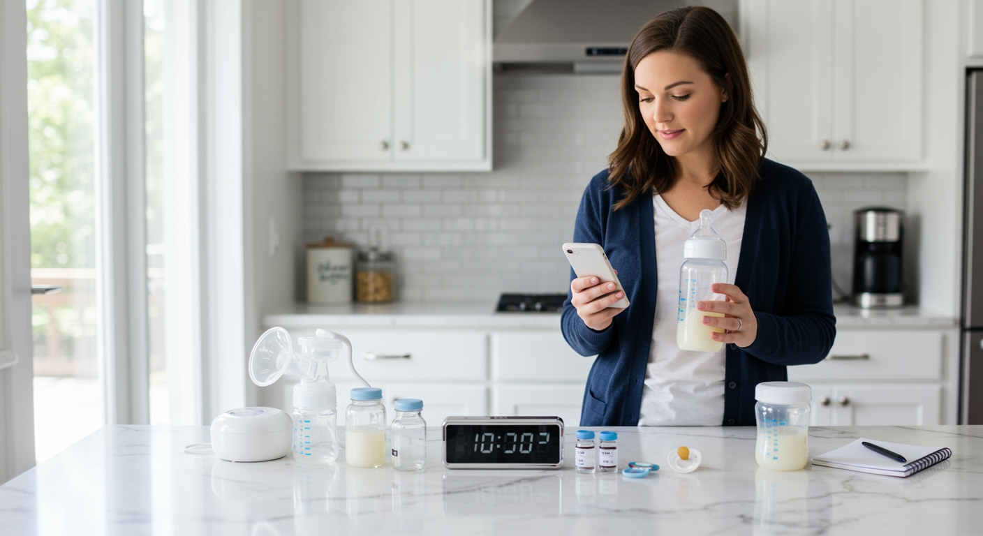Young mother holding breast milk bottle while checking time on phone with pump and storage containers on marble counter