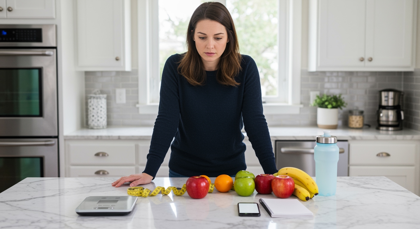 Woman standing behind marble countertop with health tracking items including scale, measuring tape, fruits, and notebook