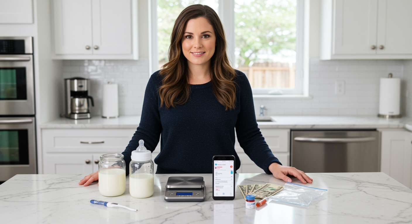 Woman standing behind marble counter with baby bottle, scale, smartphone, cash, and testing equipment in modern kitchen