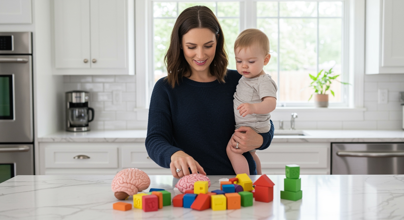 Mother holding toddler while pointing to brain model and educational blocks on kitchen counter with natural lighting