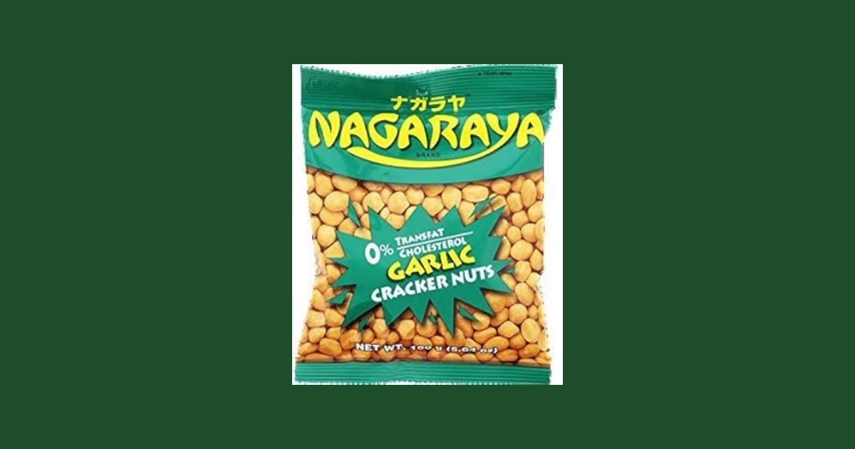 NAGARAYA Garlic Cracker Nuts package showing yellow and red branding with peanut coating visible through clear packaging
