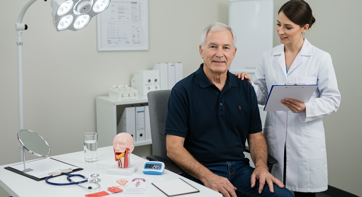 Elderly man sitting in therapy chair with speech pathologist standing beside him, medical equipment and throat model on table.