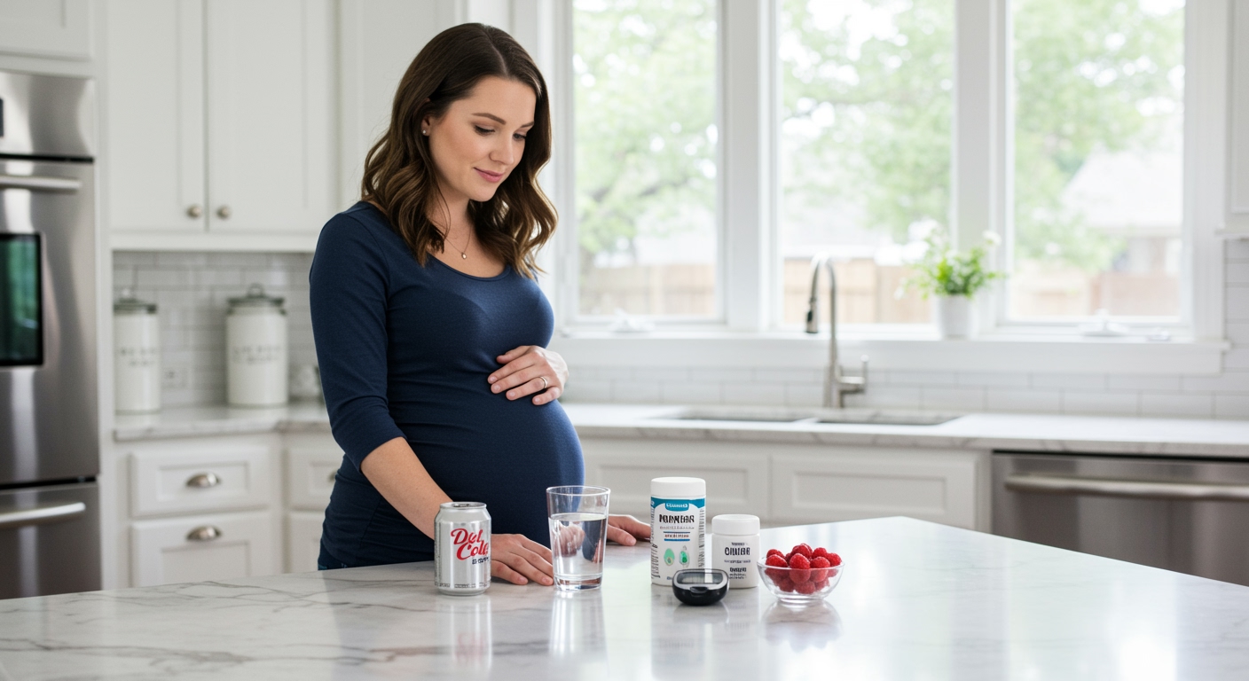 Pregnant woman standing behind marble counter with diet soda, water glass, sweetener bottle, glucose meter, and berries in kitchen