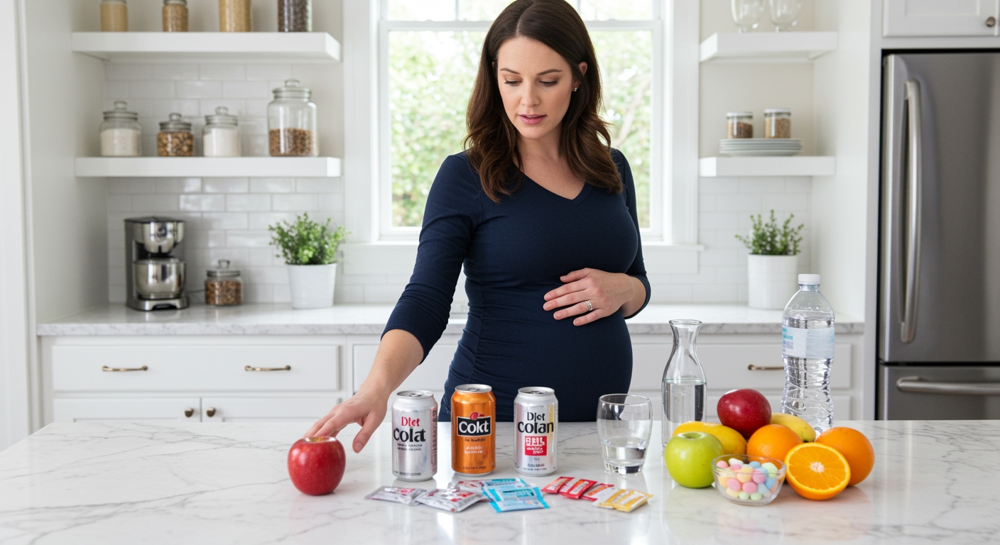 Pregnant woman in navy top standing behind marble counter with diet soda cans and artificial sweeteners in modern kitchen