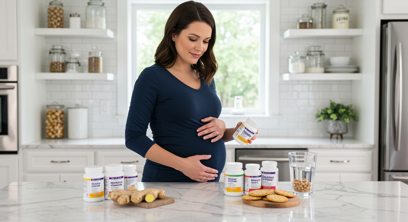 Pregnant woman holding prenatal vitamin bottle while touching baby bump with various supplements and foods on marble countertop
