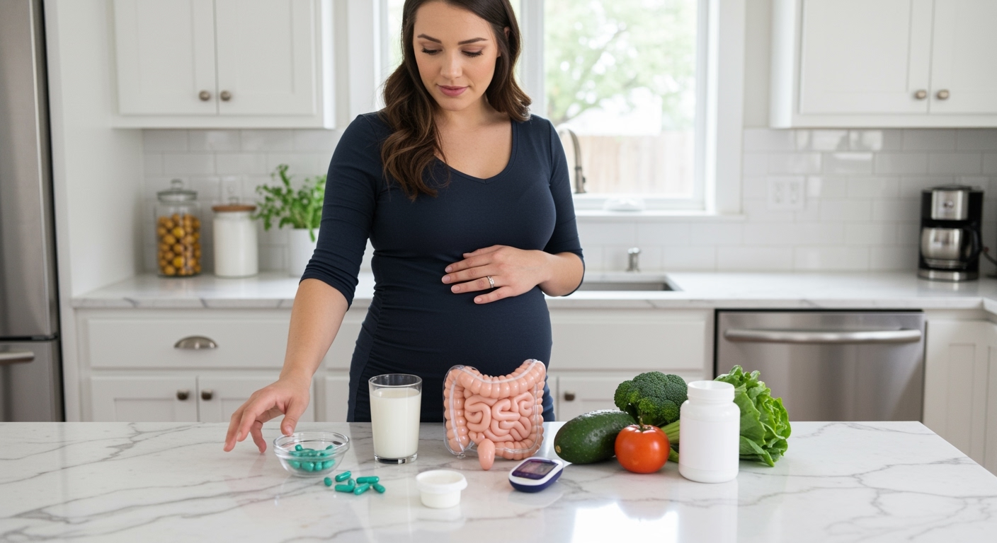 Pregnant woman in navy dress standing behind marble counter with probiotic supplements, yogurt, glucose meter, and gut health items in bright kitchen