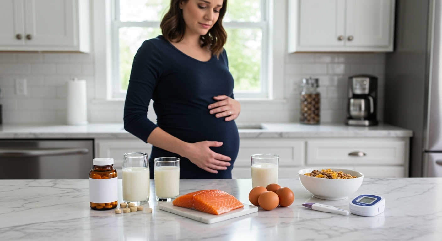 Pregnant woman standing behind marble counter with vitamin D supplements, salmon, eggs, milk, and medical monitoring devices