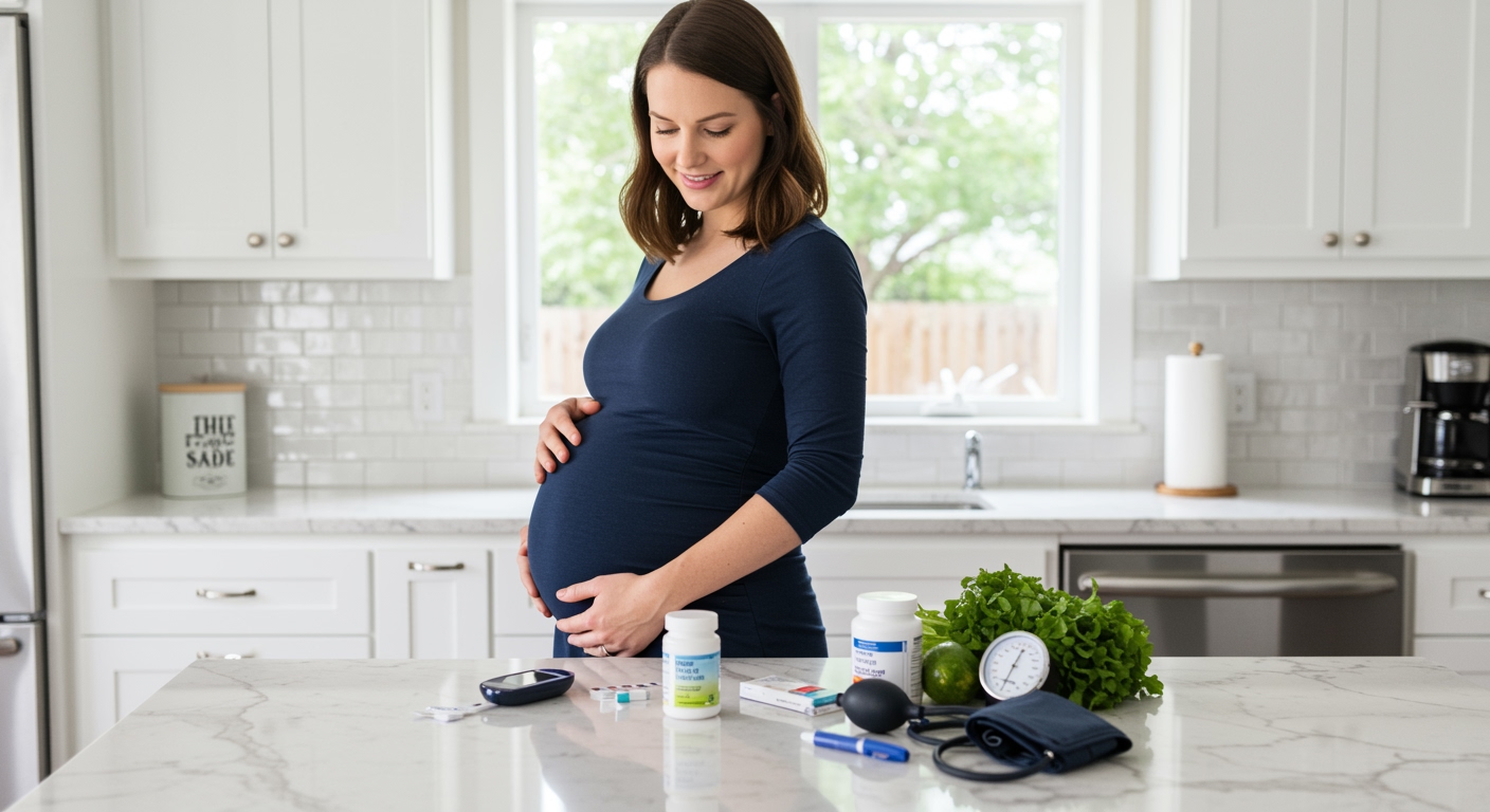 Pregnant woman in navy dress standing behind marble counter with diabetes management tools and supplements visible