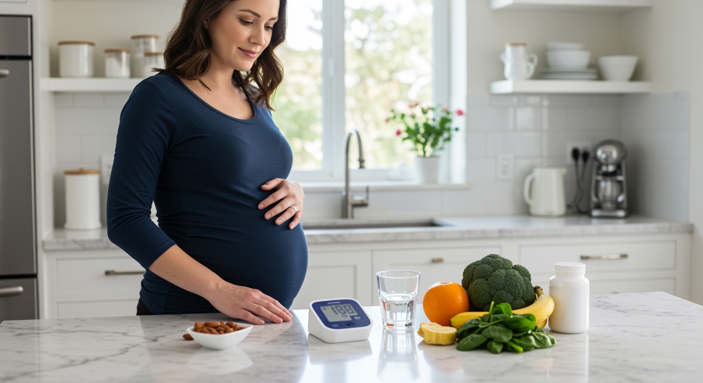 Pregnant woman standing behind marble counter with blood pressure monitor and healthy foods in bright modern kitchen