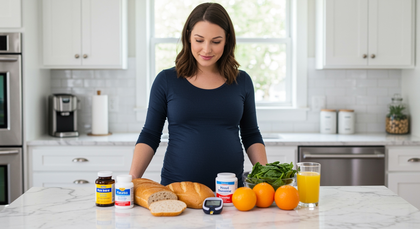 Pregnant woman standing behind marble counter with folic acid supplements, fortified foods, and glucose meter in modern kitchen