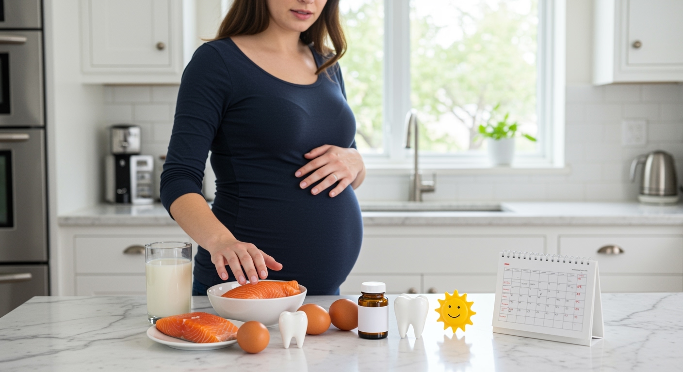Pregnant woman standing behind marble counter with milk, salmon, eggs, vitamin D supplement, tooth model, sun symbol, and calendar