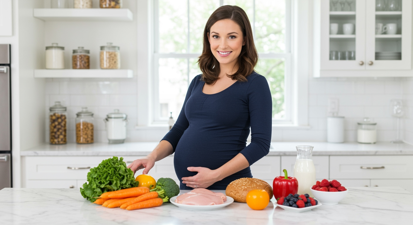 Pregnant woman standing behind marble counter with diverse healthy foods including vegetables, grains, and protein in modern kitchen