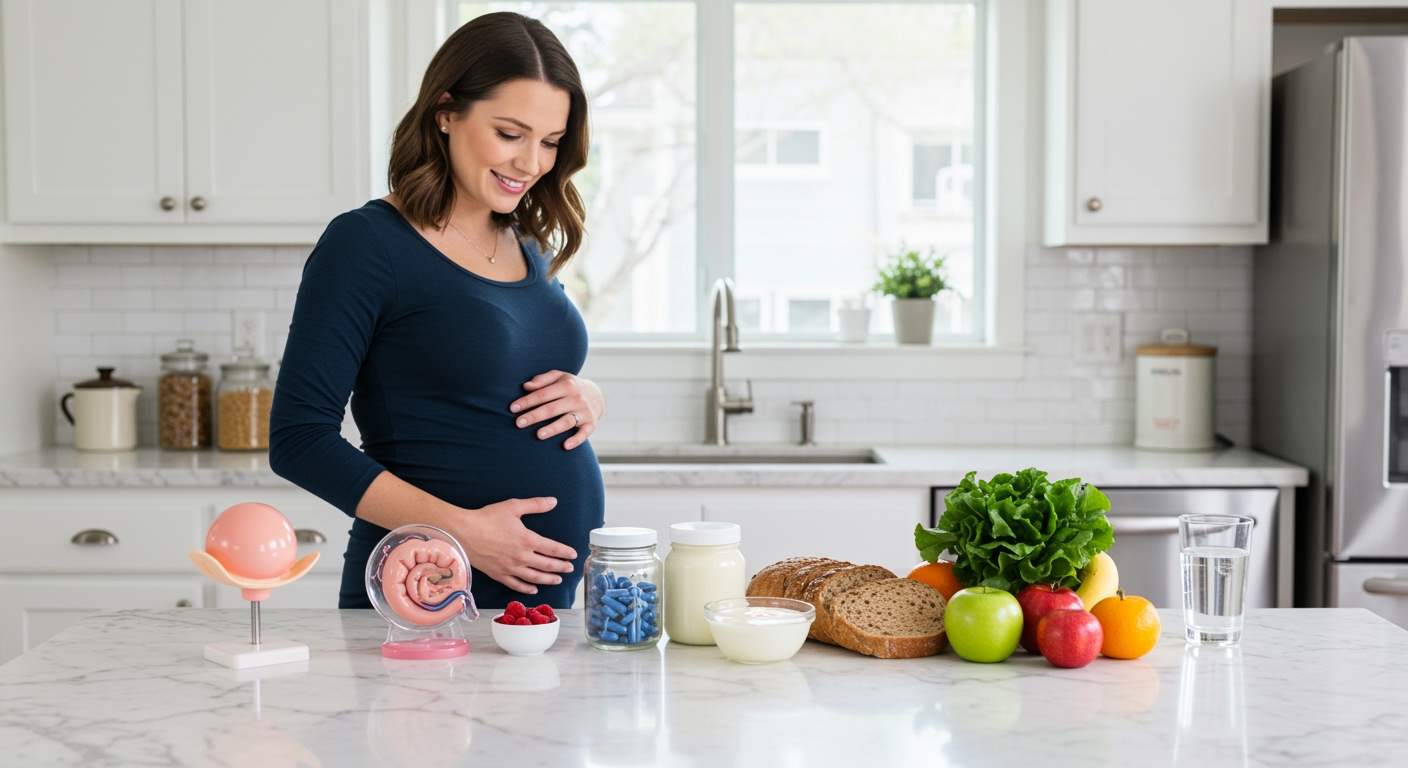 Pregnant woman in blue dress standing behind marble counter with placenta model, probiotic jar, yogurt, fruits, bread, vegetables, and water in bright kitchen.