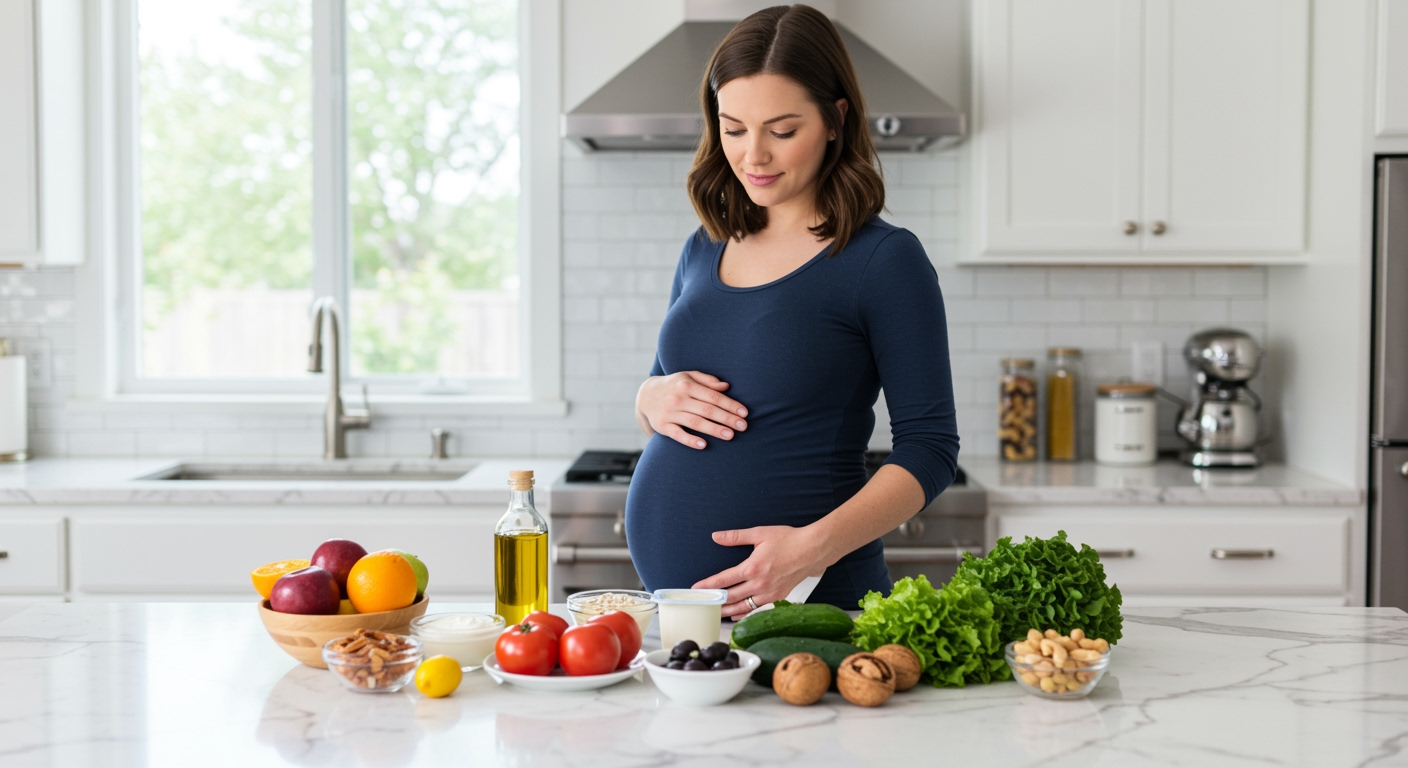 Pregnant woman standing behind marble counter with Mediterranean diet foods including fruits, olive oil, and vegetables in bright kitchen