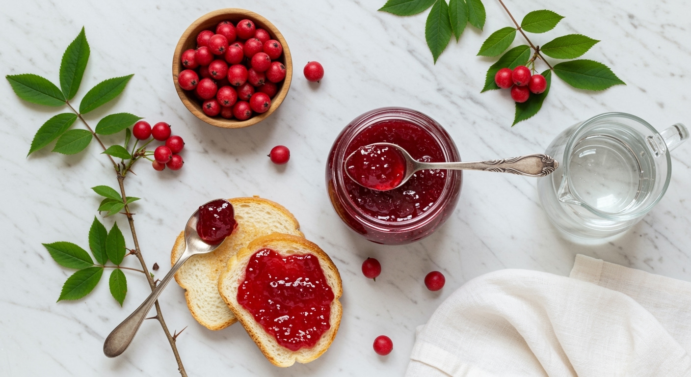 Jar of translucent ruby-red agarita berry jelly surrounded by fresh berries, toast, spoon, and green thorny branches on marble