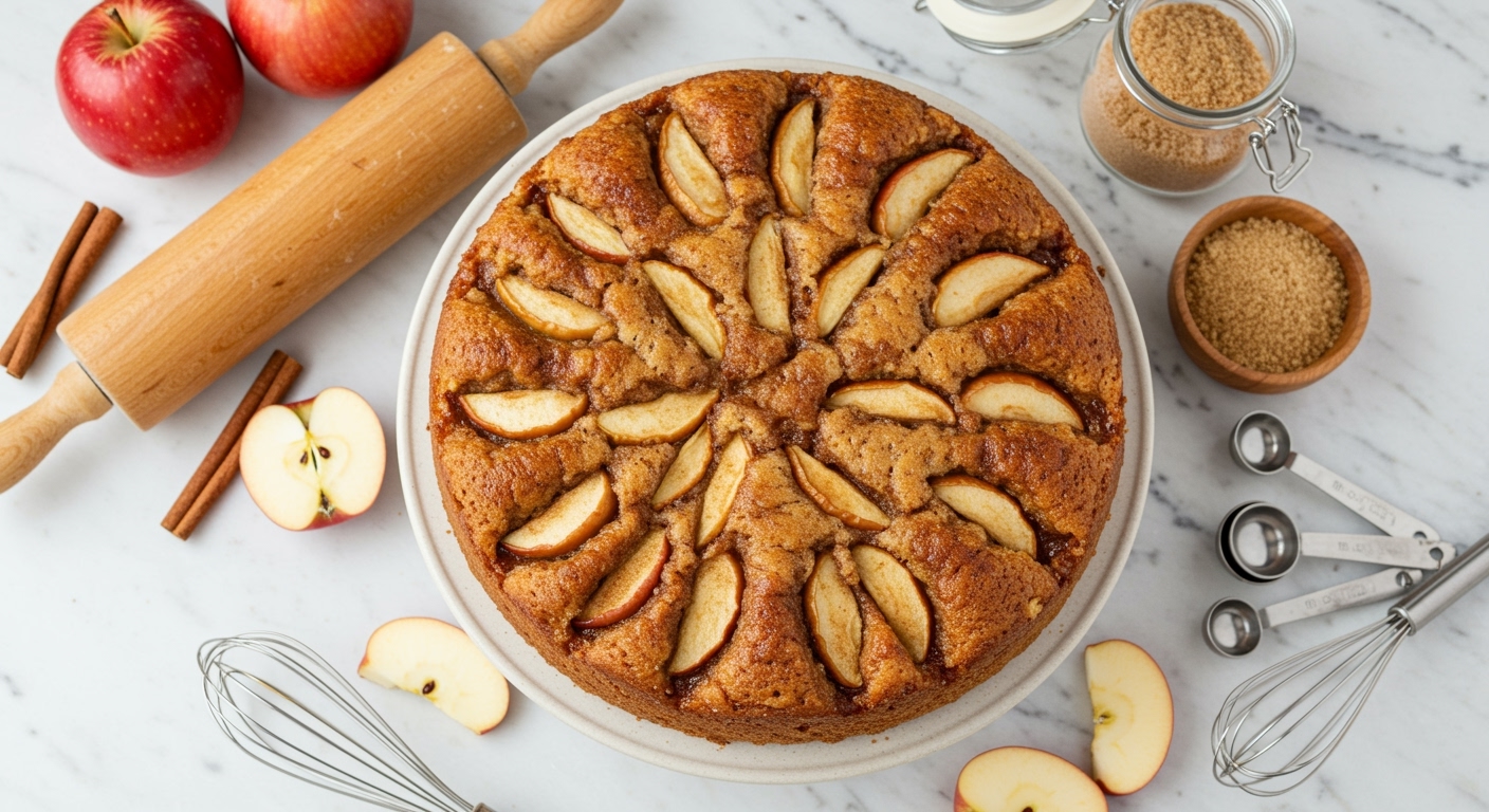 Golden brown apple knobby cake on ceramic stand surrounded by fresh red apples, cinnamon sticks, and baking tools on marble