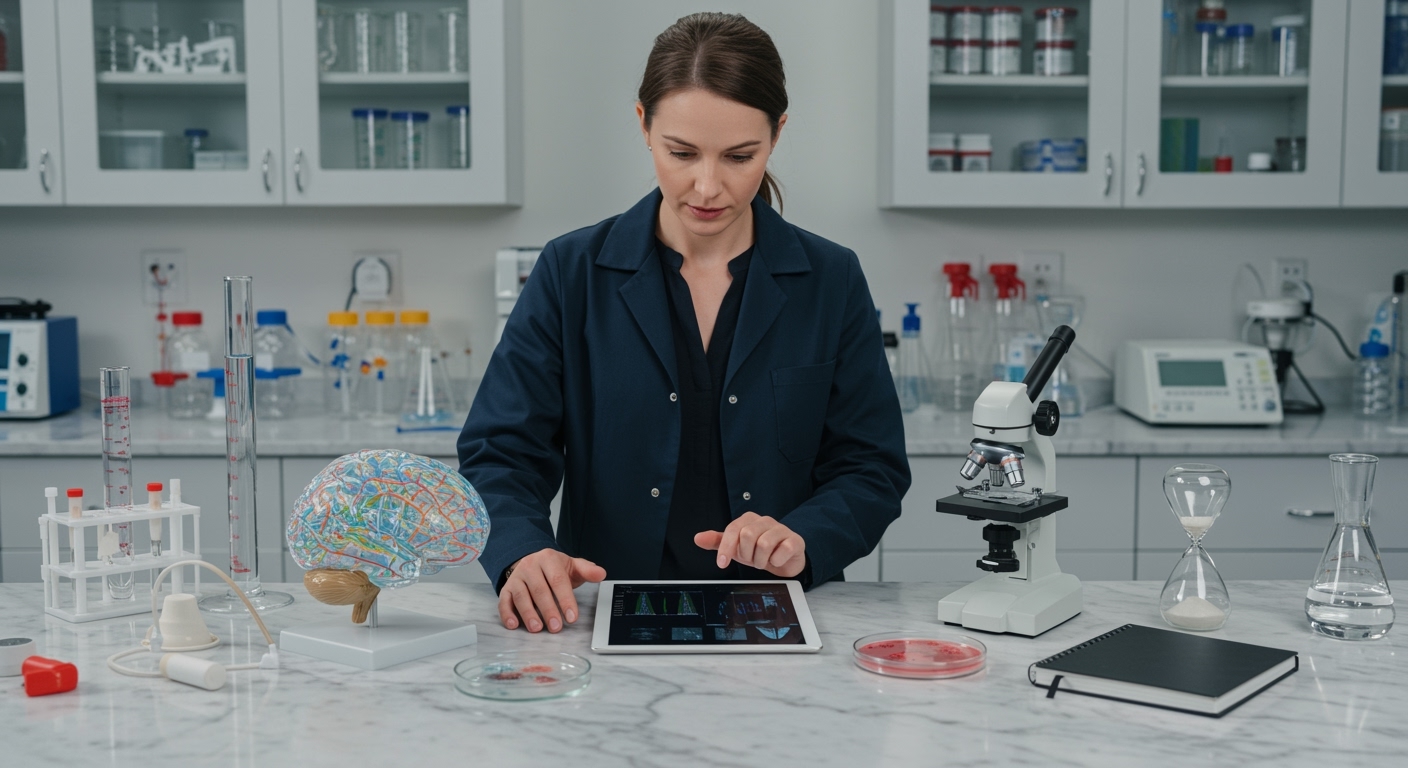 Female scientist in navy lab coat examining 3D brain model and cellular data on marble laboratory counter with scientific equipment
