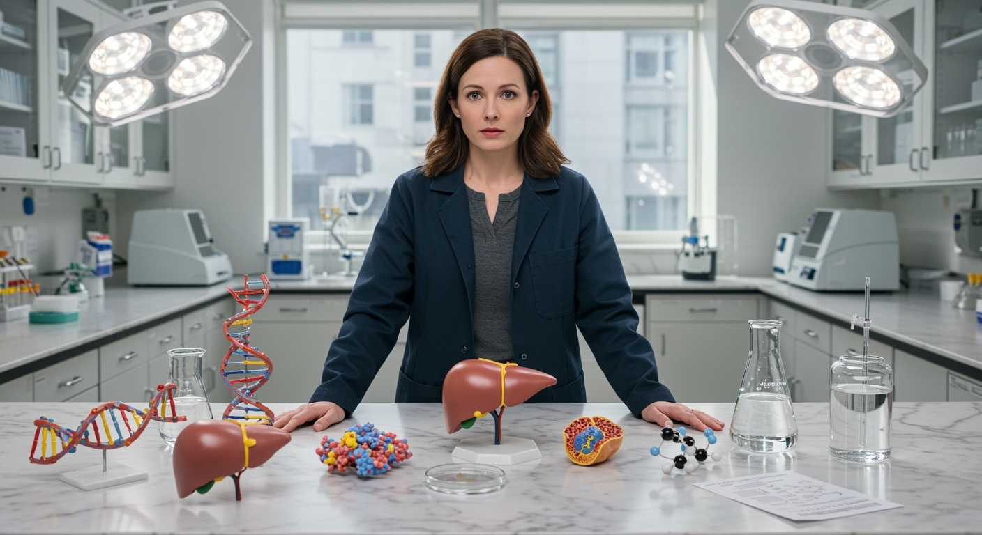 Female scientist in lab coat standing at marble counter with liver model, DNA structure, and medical research equipment in laboratory