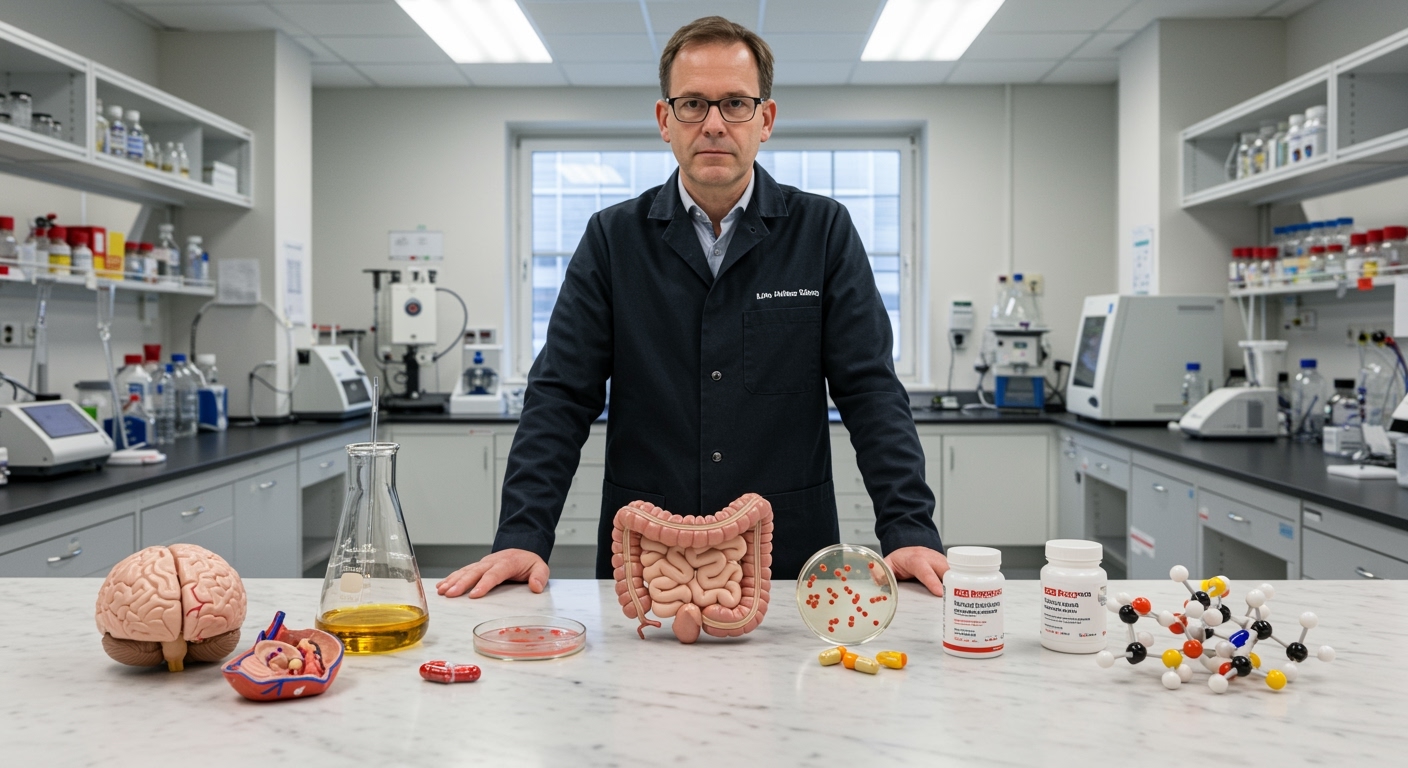 Male scientist in lab coat standing behind marble counter with brain model, intestinal tract, alcohol beaker, bacteria dish, and probiotic bottle