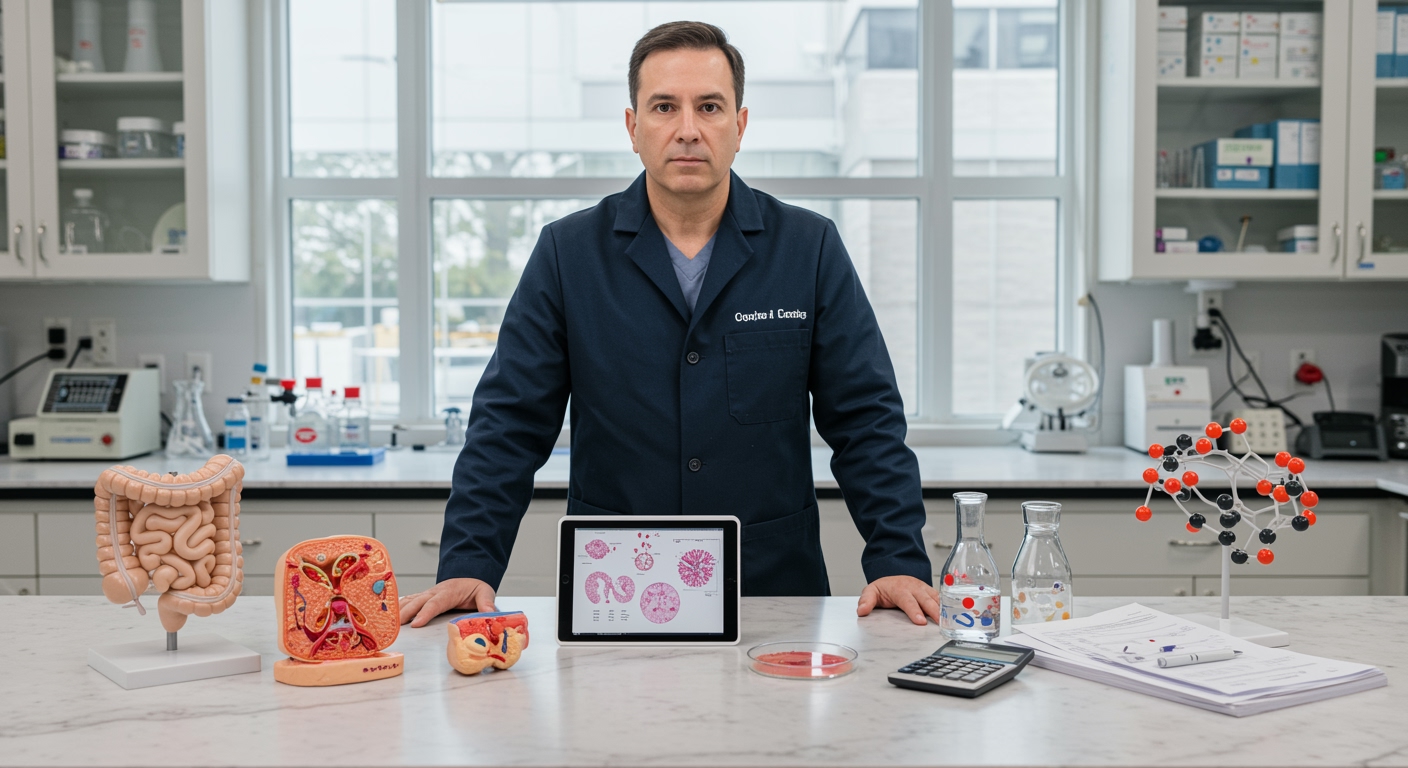 Male scientist in lab coat standing behind marble counter with colon tissue model and research equipment in bright laboratory