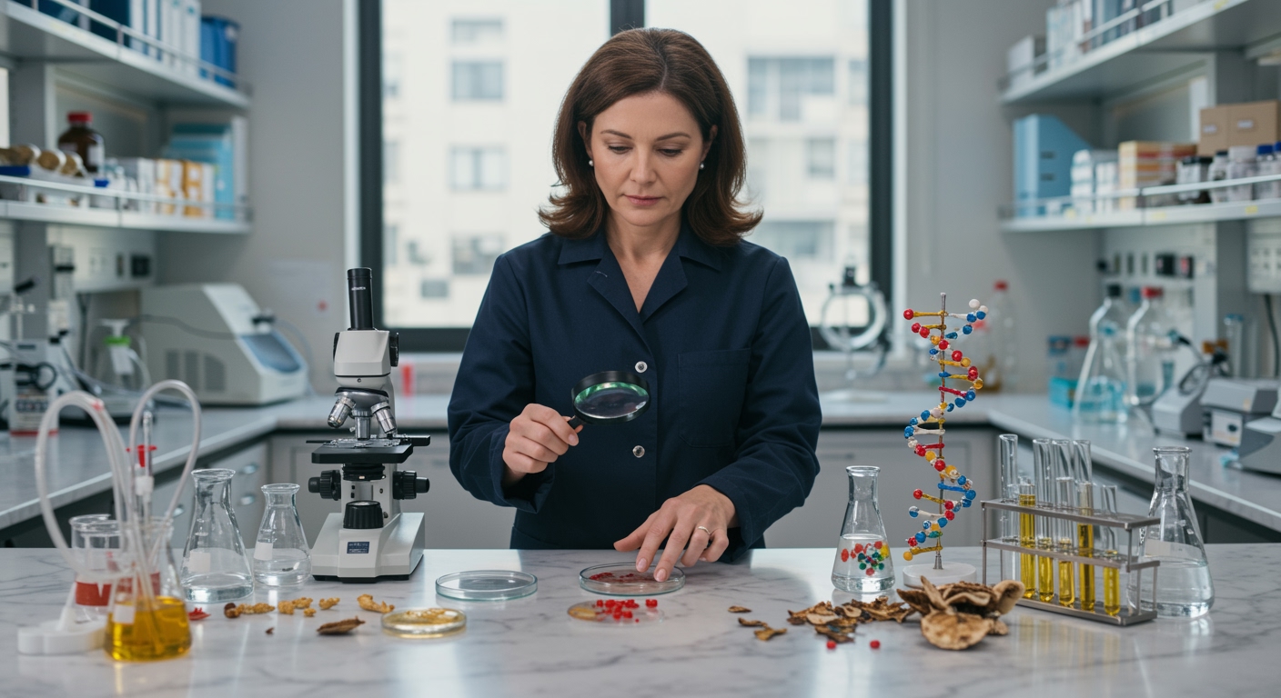 Female scientist examining cellular samples and mushroom specimens on laboratory countertop with microscope and research equipment