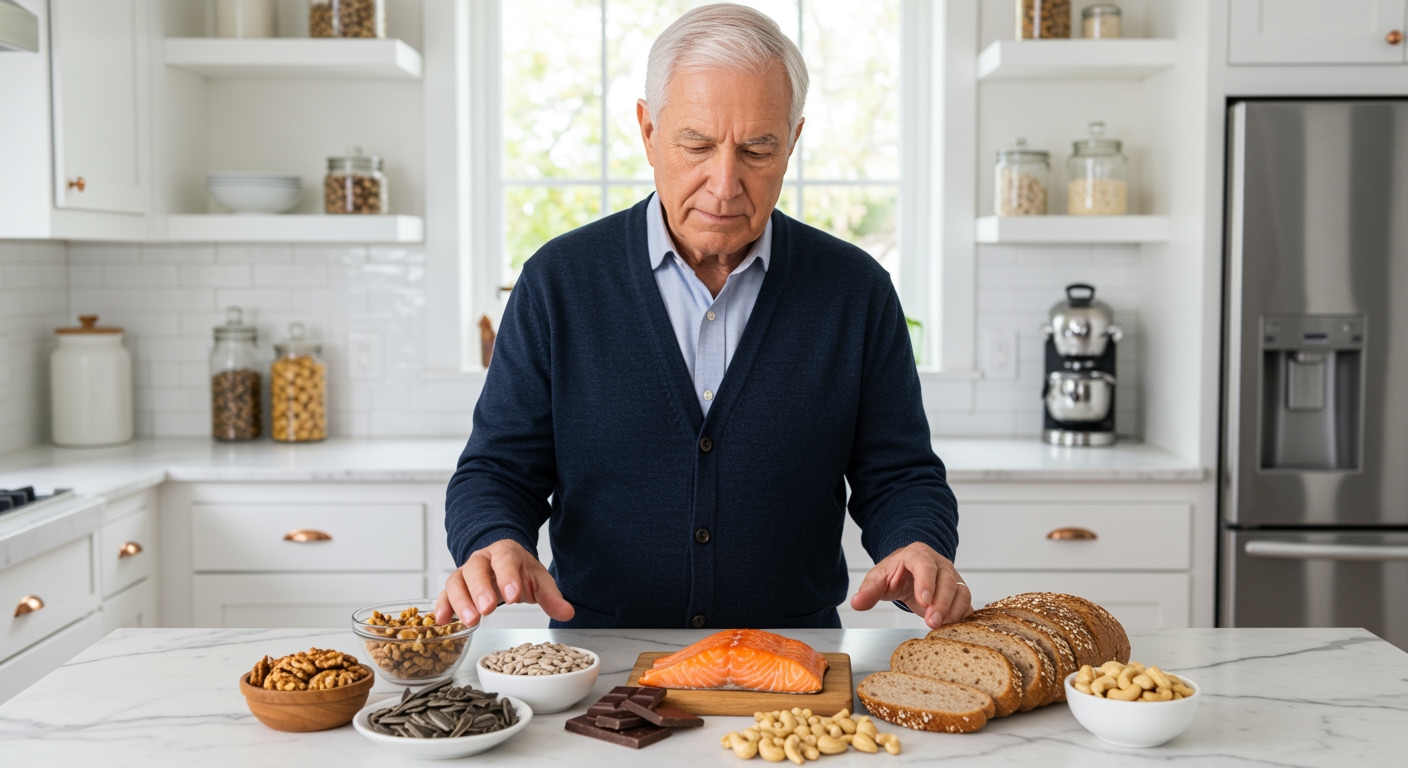 Senior man holding walnuts and examining copper-rich foods on marble countertop in modern kitchen