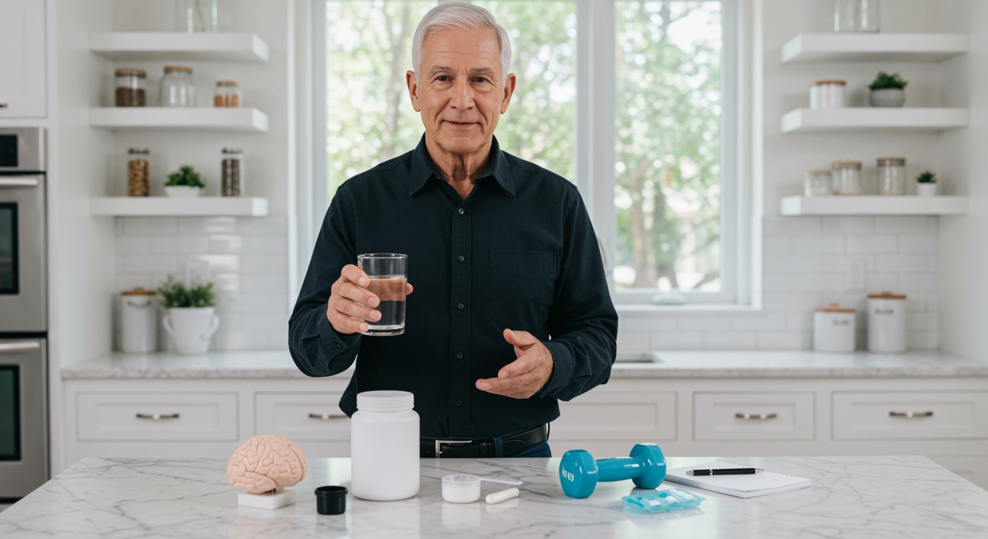 Senior man holding water glass behind marble counter with supplement containers, brain model, and fitness equipment visible