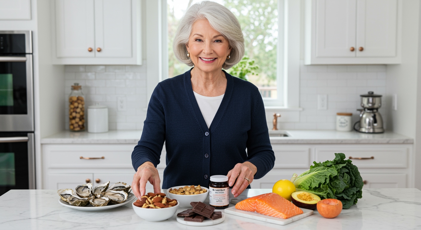 Senior woman with silver hair arranging copper-rich foods including oysters, dark chocolate, and nuts on white marble countertop